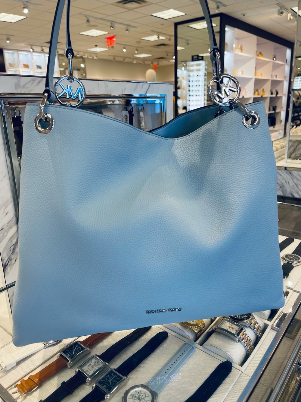 Michael Kors Christina Large Pebbled Leather Shoulder Bag
Pale Ocean 
NWT